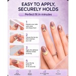 Lavender Purple Hand‑Painted Floral Press‑On Nails, Short Square Oval False Nails With Yellow French Tip & Pearl Decor, Cute Style